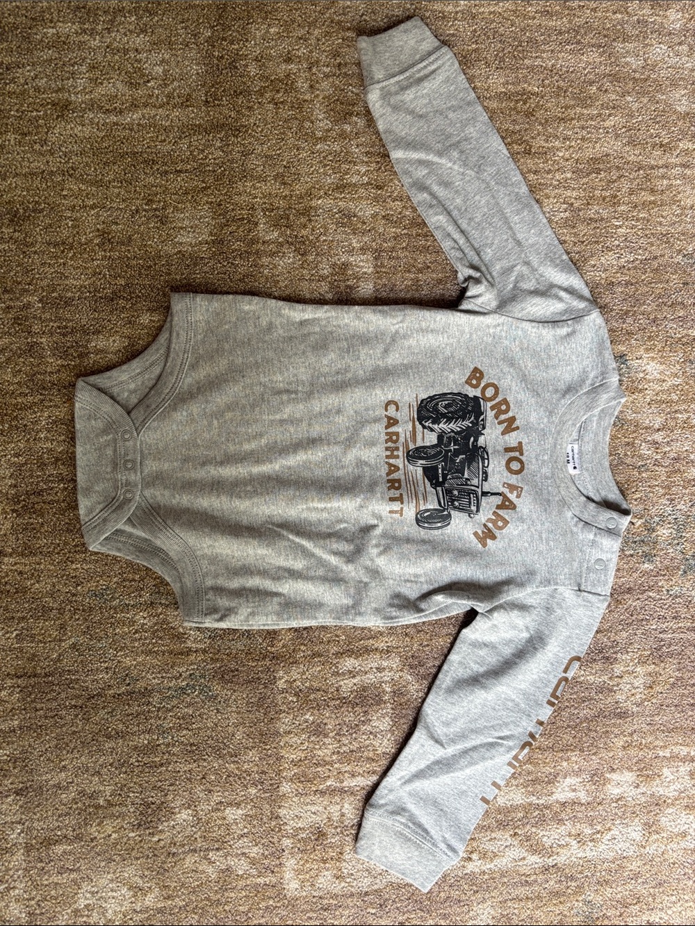 Carhartt Baby Gray 'Born to Farm' Long-Sleeve Bodysuit with Tractor Graphic